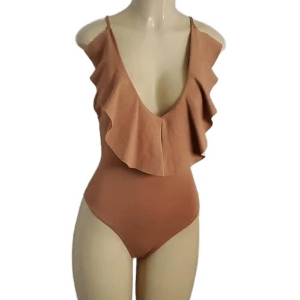 LPA One-Piece V Neck Ruffle Swimsuit Tan Size S